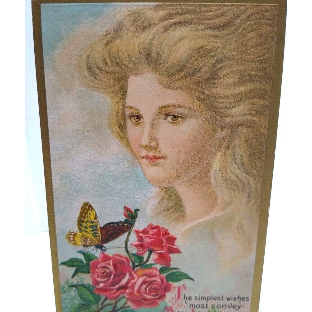 Fantasy Postcard Giant Blonde Goddess In Clouds Red Roses Butterfly CC No57